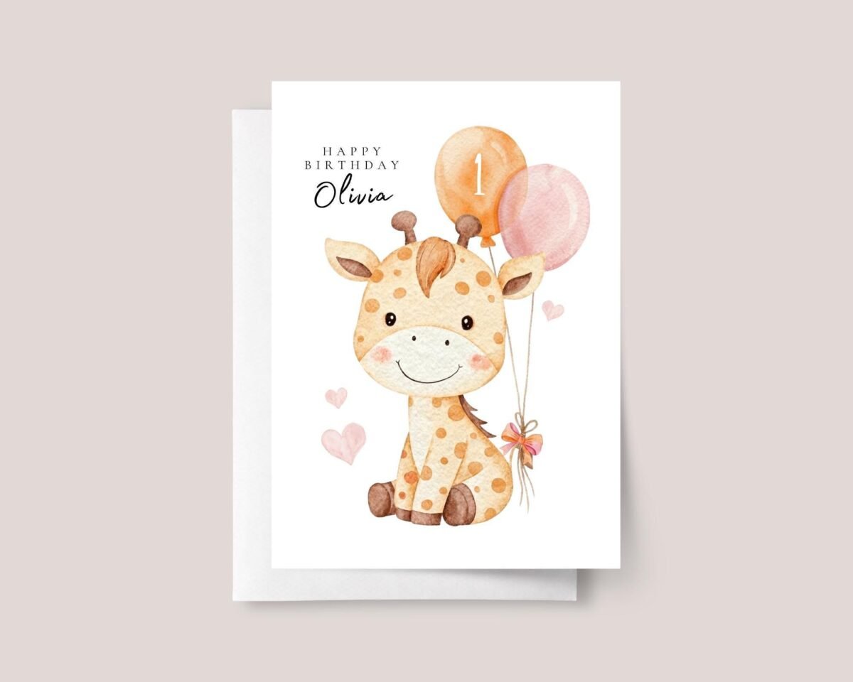 Safari Birthday Card with Giraffe for Kids Turning One, Two, Three and Up