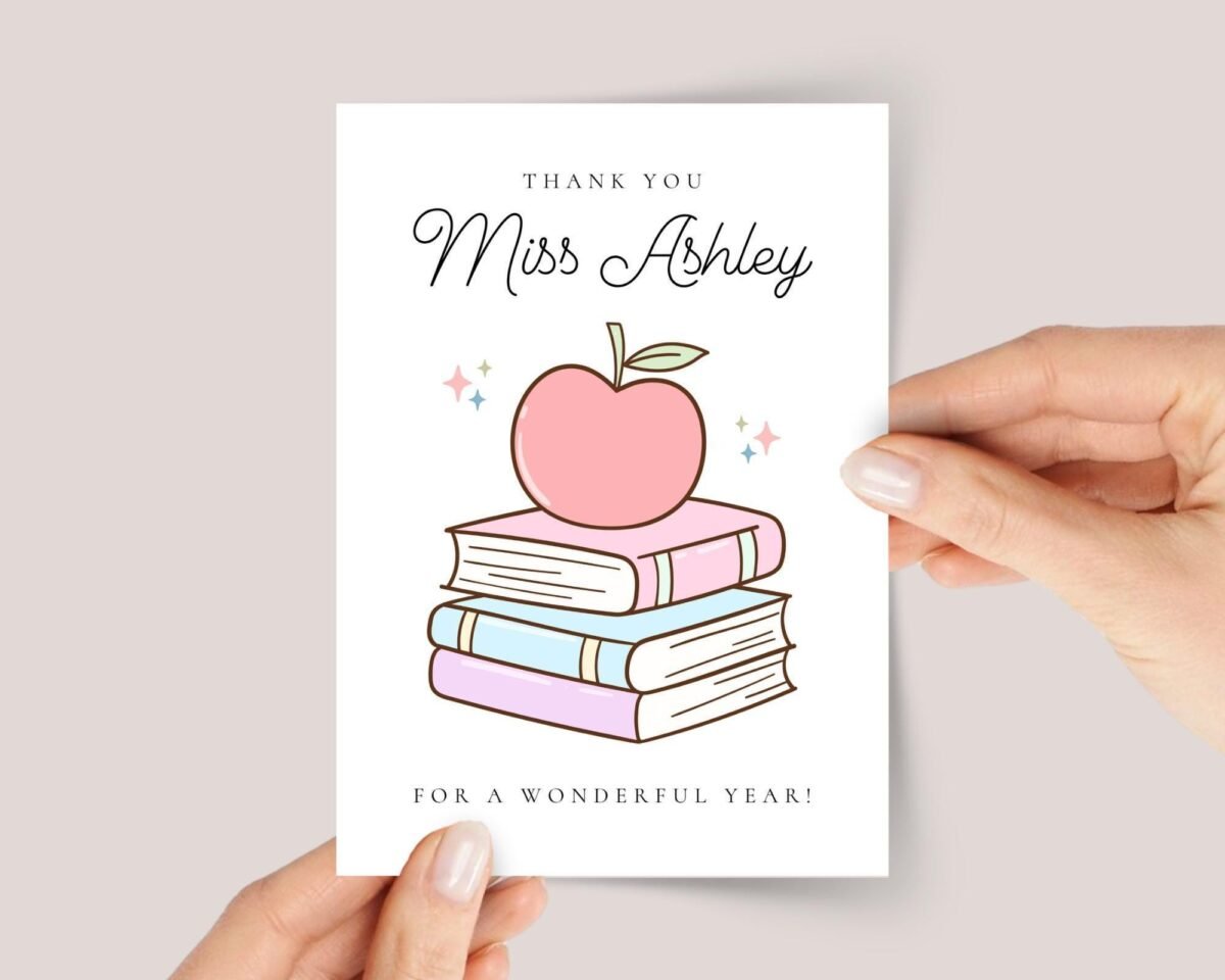 Personalized Thank You Card for Elementary Teacher | Apple and Books - Image 1 Personalized Thank You Card for Elementary Teacher | Apple and Books