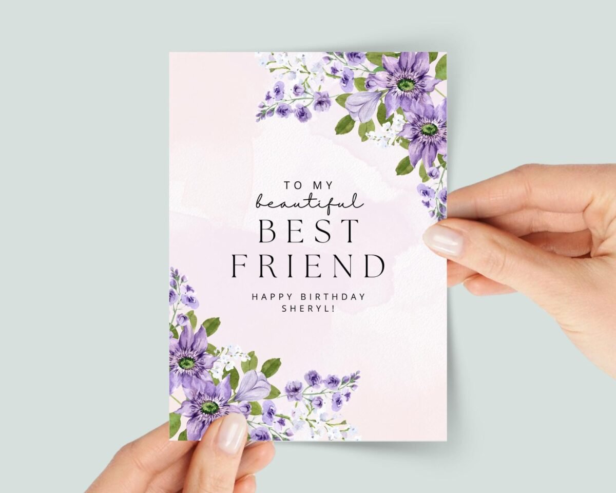 Personalized Birthday Card for Best Friend, Purple Flowers
