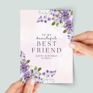 Personalized Birthday Card for Best Friend, Purple Flowers