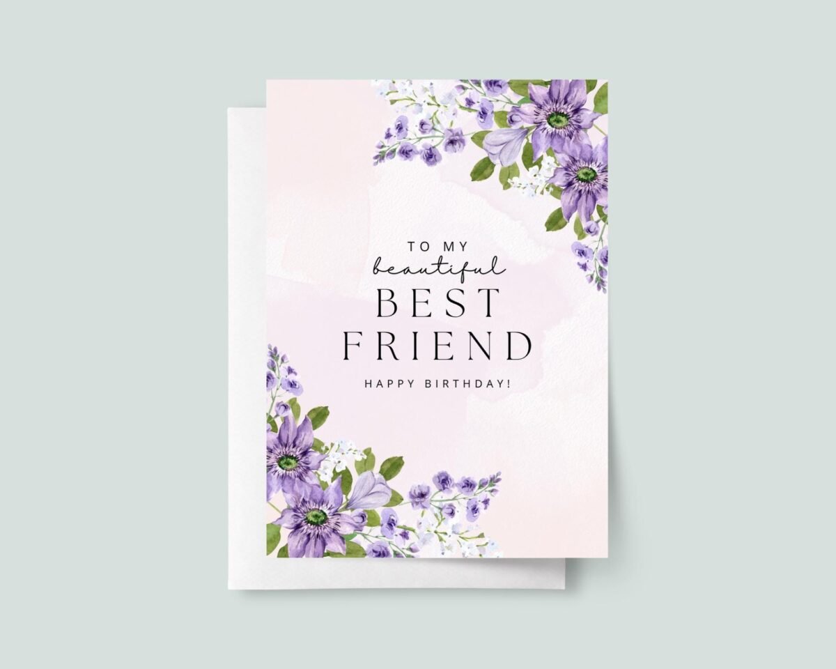 Personalized Birthday Card for Best Friend, Purple Flowers