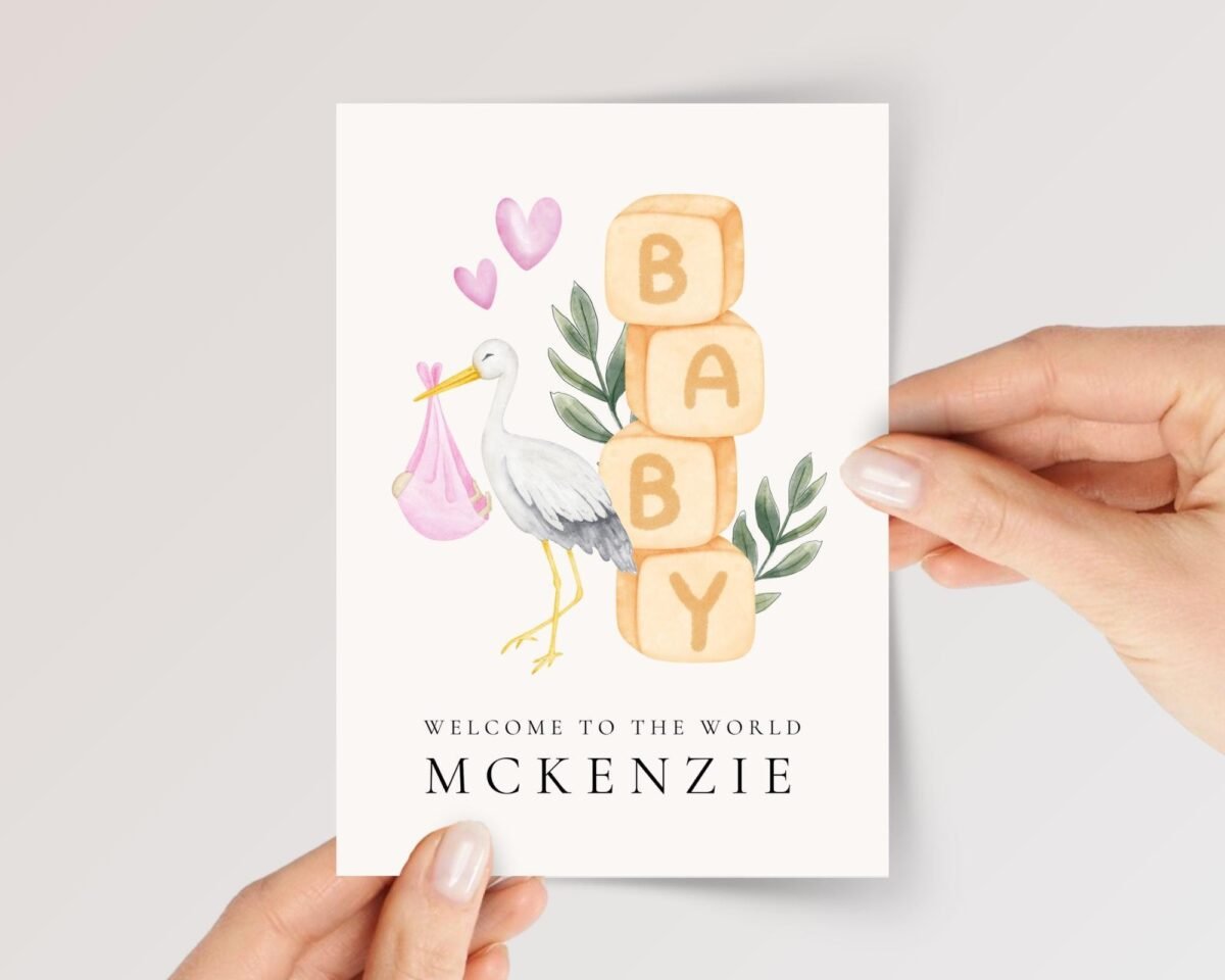 Personalized Baby Shower Card for Newborn Girl/Boy with Stork