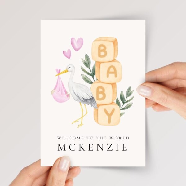 Personalized Baby Shower Card for Newborn Girl/Boy with Stork - Image 1 Personalized Baby Shower Card for Newborn Girl/Boy with Stork