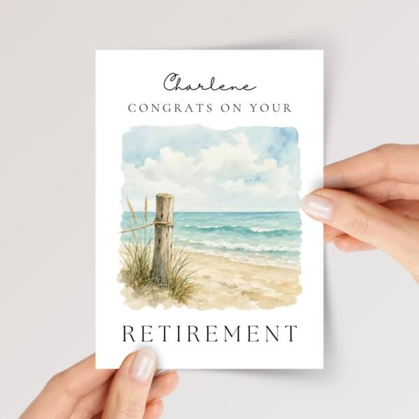 Personalized Retirement Card for Wife, Mom, Husband, Coworker, Boss | Watercolor Beach - Image 1 Personalized Retirement Card for Wife, Mom, Husband, Coworker, Boss | Watercolor Beach