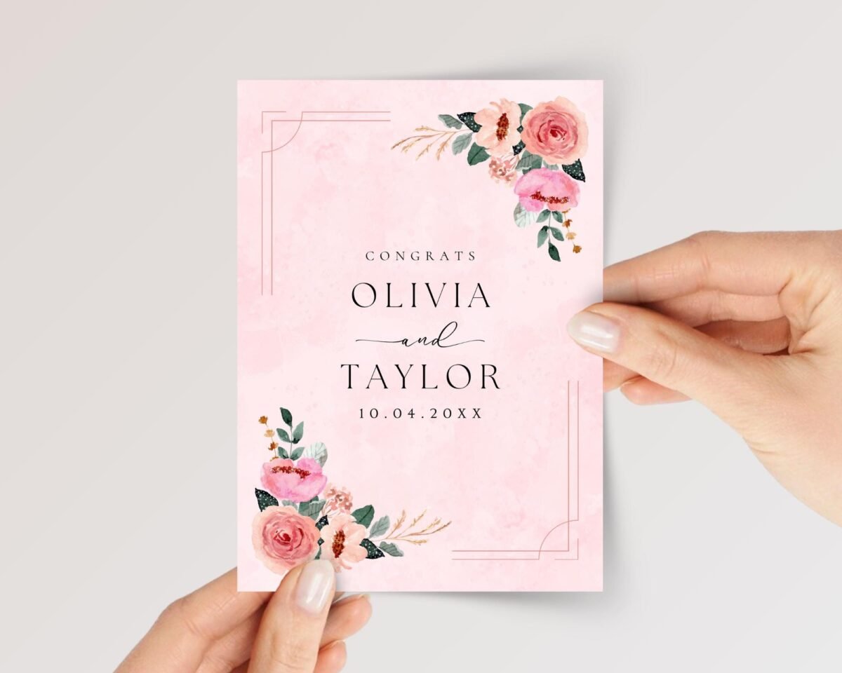 Custom Floral Wedding Card for Couple with Pink Roses - Image 1 Custom Floral Wedding Card for Couple with Pink Roses