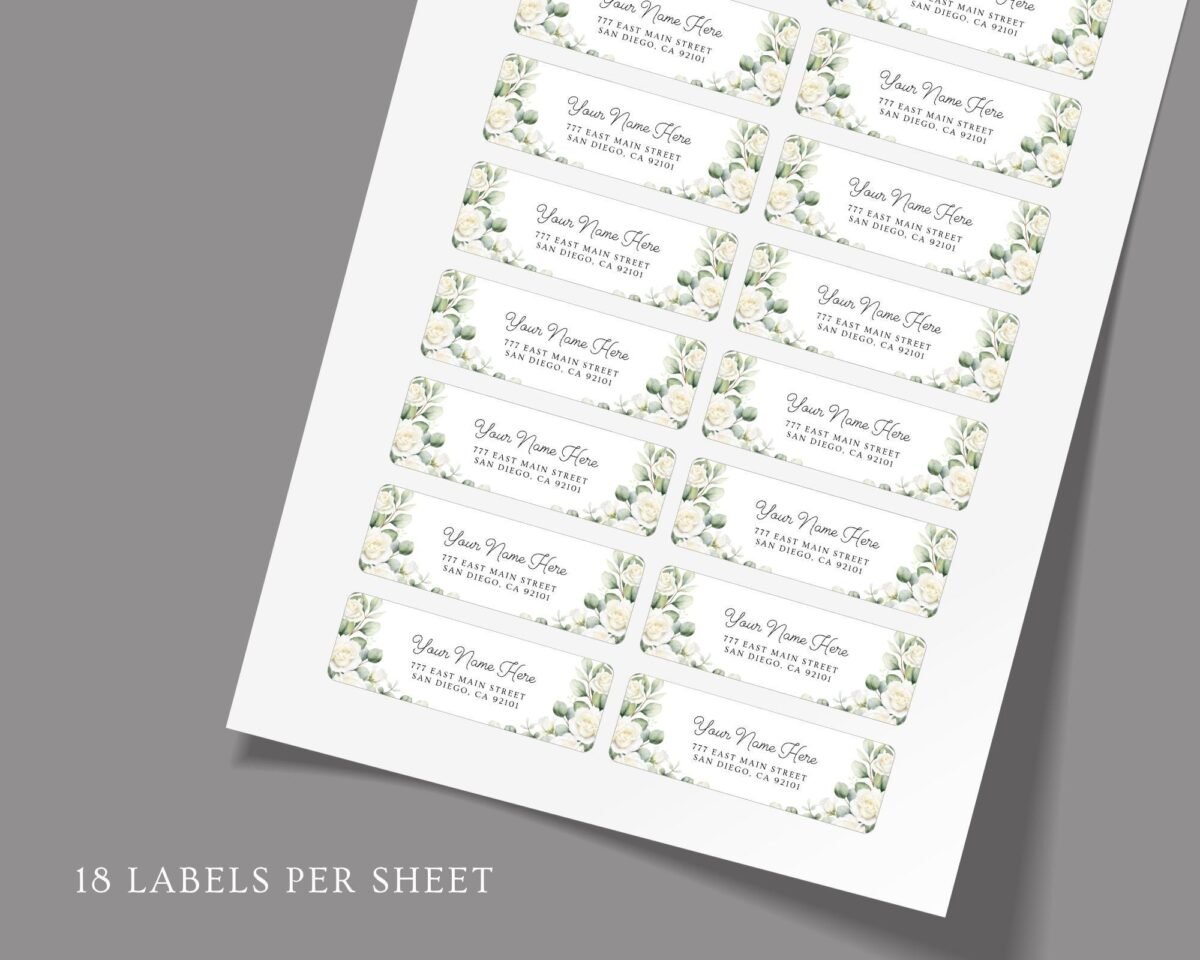 Return Address Labels with White Roses for Weddings and Invitations