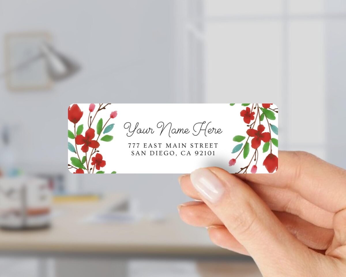 Return Address Labels with Red and Green Flowers for Christmas