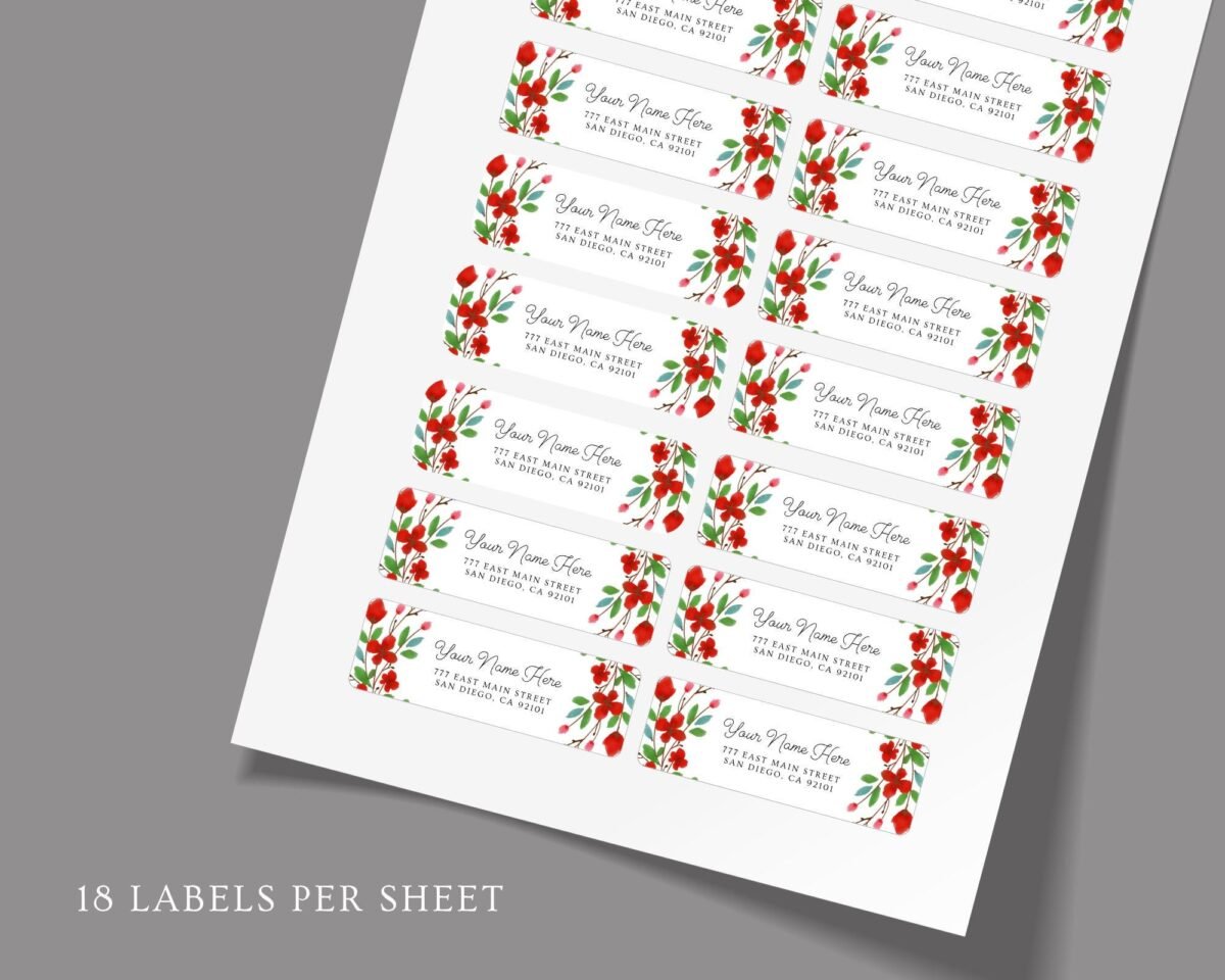 Return Address Labels with Red and Green Flowers for Christmas
