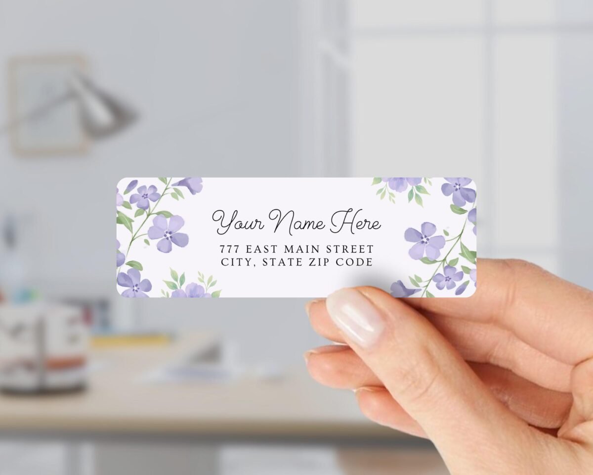 Return Address Labels with Purple Flowers for Weddings and Invitations