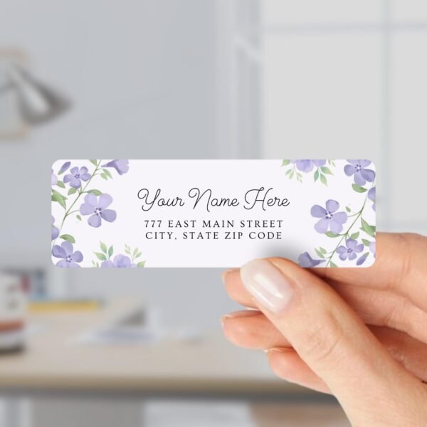 Return Address Labels with Purple Flowers for Weddings and Invitations