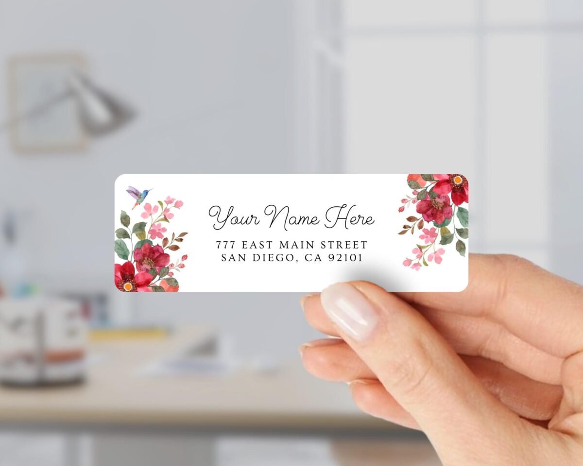 Return Address Labels with Rust Red Flowers and Hummingbird