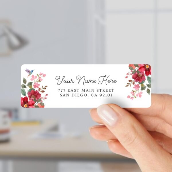 Return Address Labels with Rust Red Flowers and Hummingbird