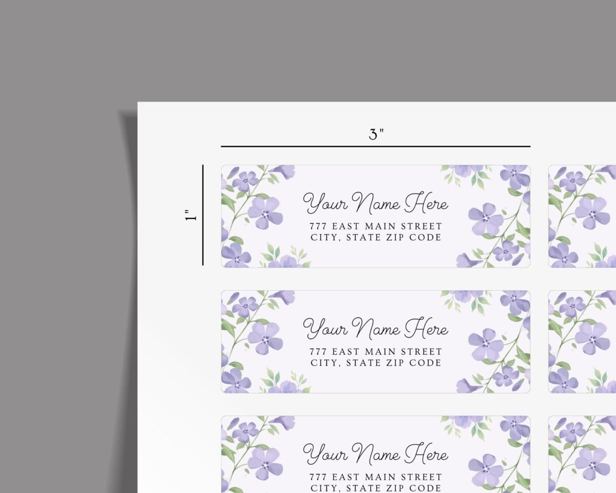 Return Address Labels with Purple Flowers for Weddings and Invitations