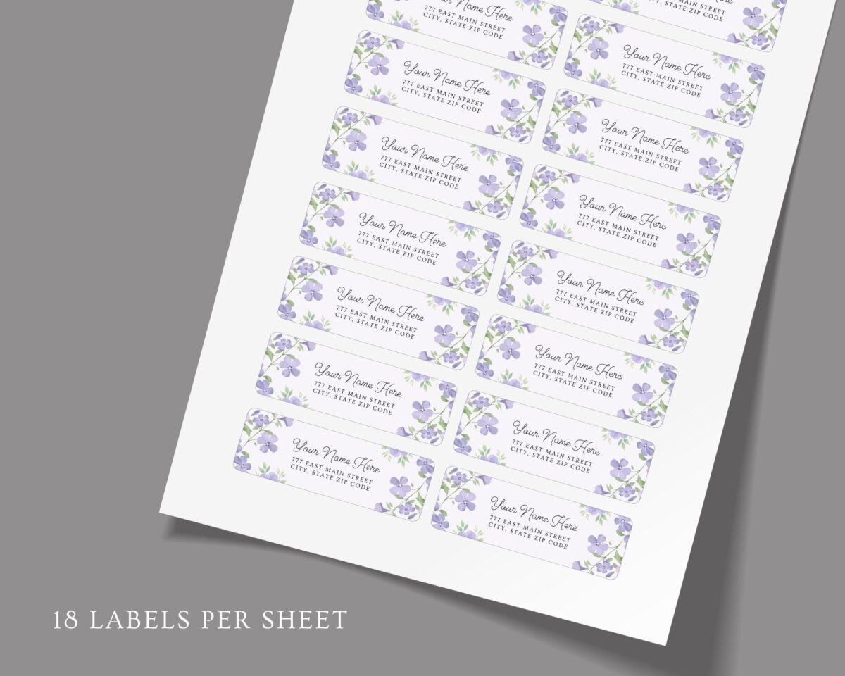 Return Address Labels with Purple Flowers for Weddings and Invitations