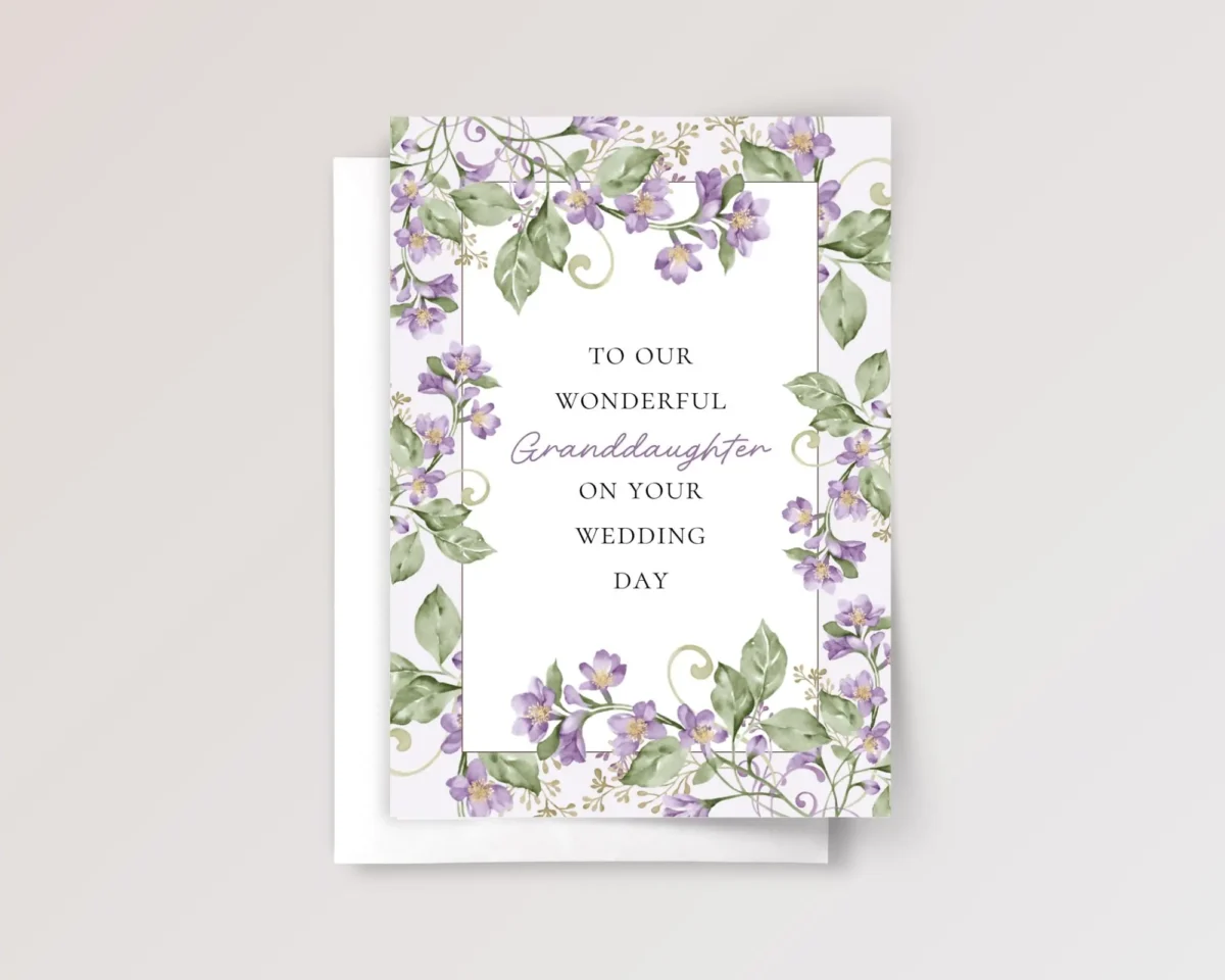 Floral Wedding Card for Granddaughter with Vines and Purple Flowers - Image 1 Floral Wedding Card for Granddaughter with Vines and Purple Flowers