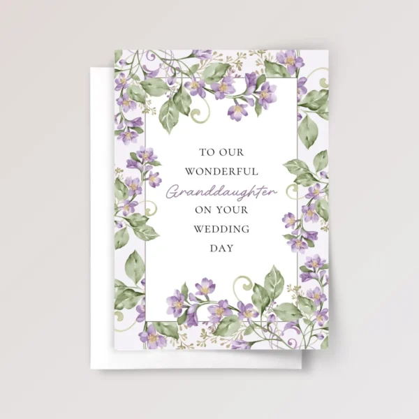 Floral Wedding Card for Granddaughter with Vines and Purple Flowers