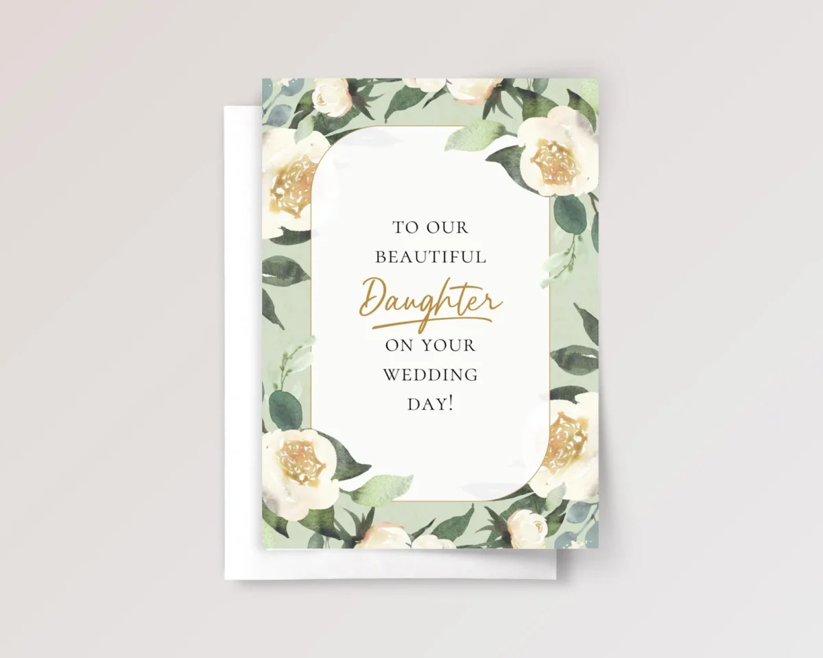 Mint Floral Wedding Card for Daughter with Creamy White Roses