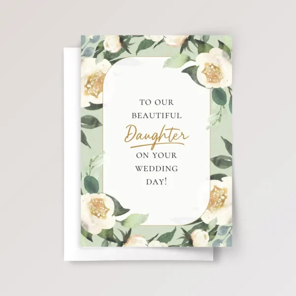 Mint Floral Wedding Card for Daughter with Creamy White Roses