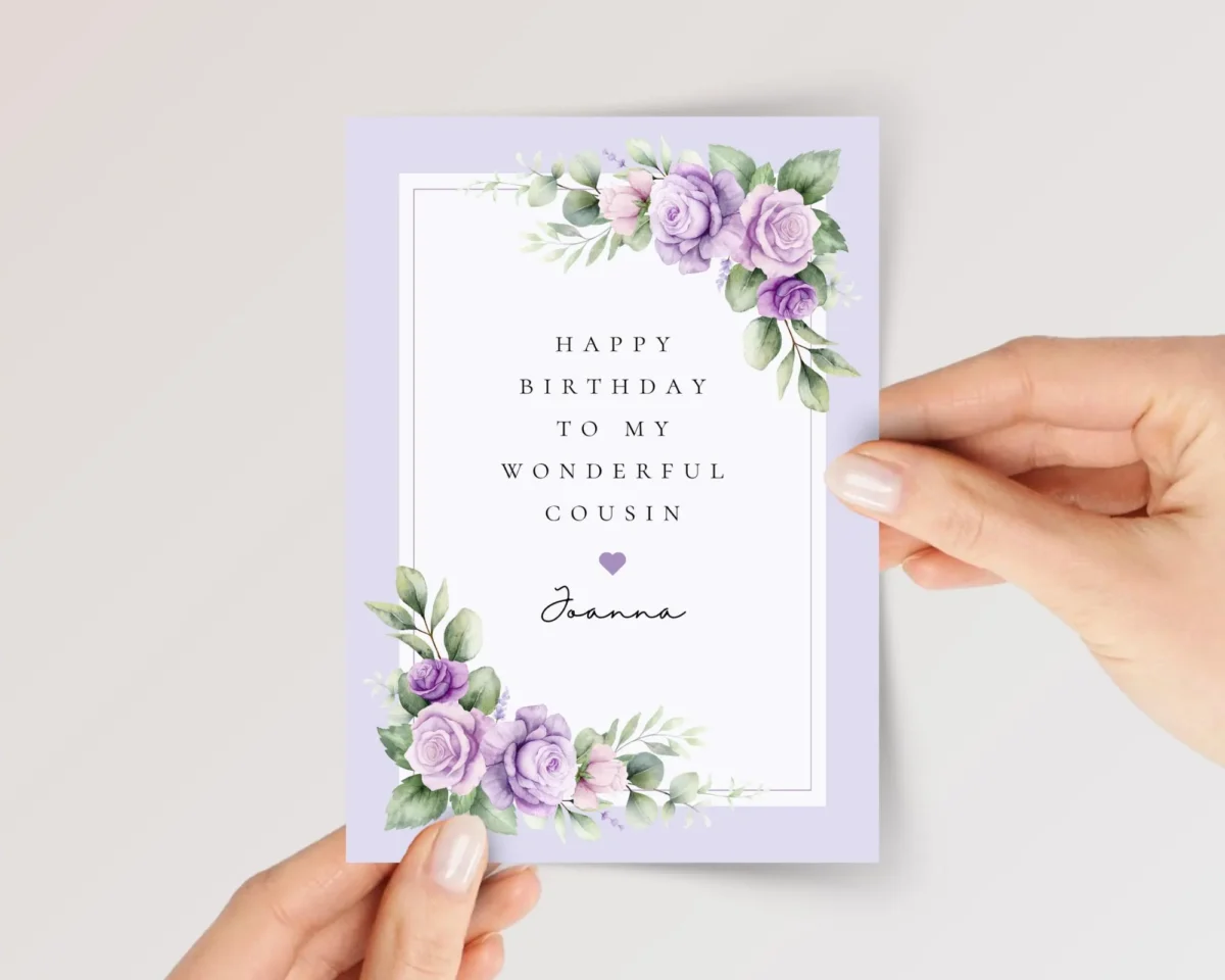 Birthday Card for Cousin with Purple Roses - Image 1 Birthday Card for Cousin with Purple Roses