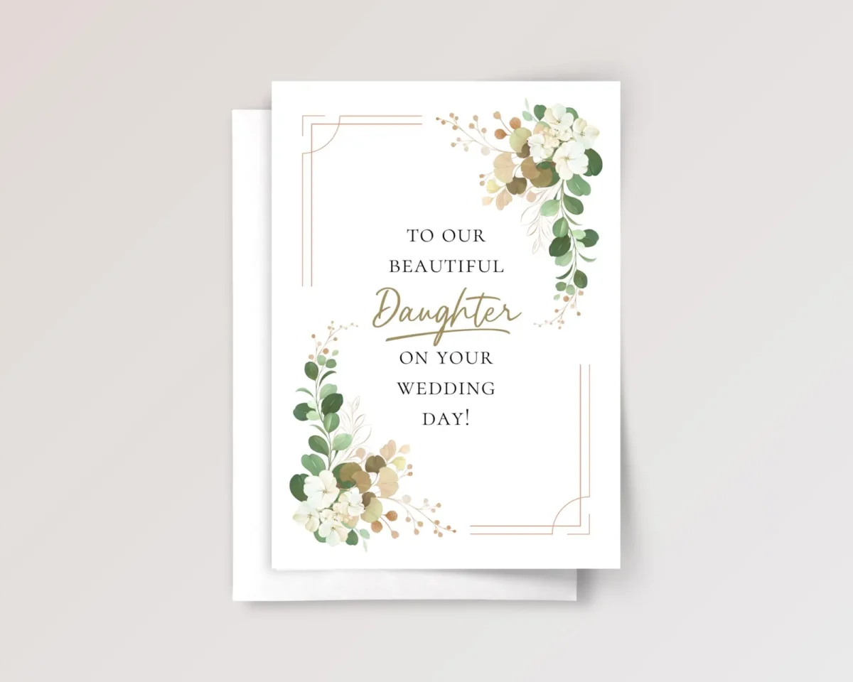 Elegant Wedding Card for Daughter with Eucalyptus and White Flowers - Image 1 Elegant Wedding Card for Daughter with Eucalyptus and White Flowers