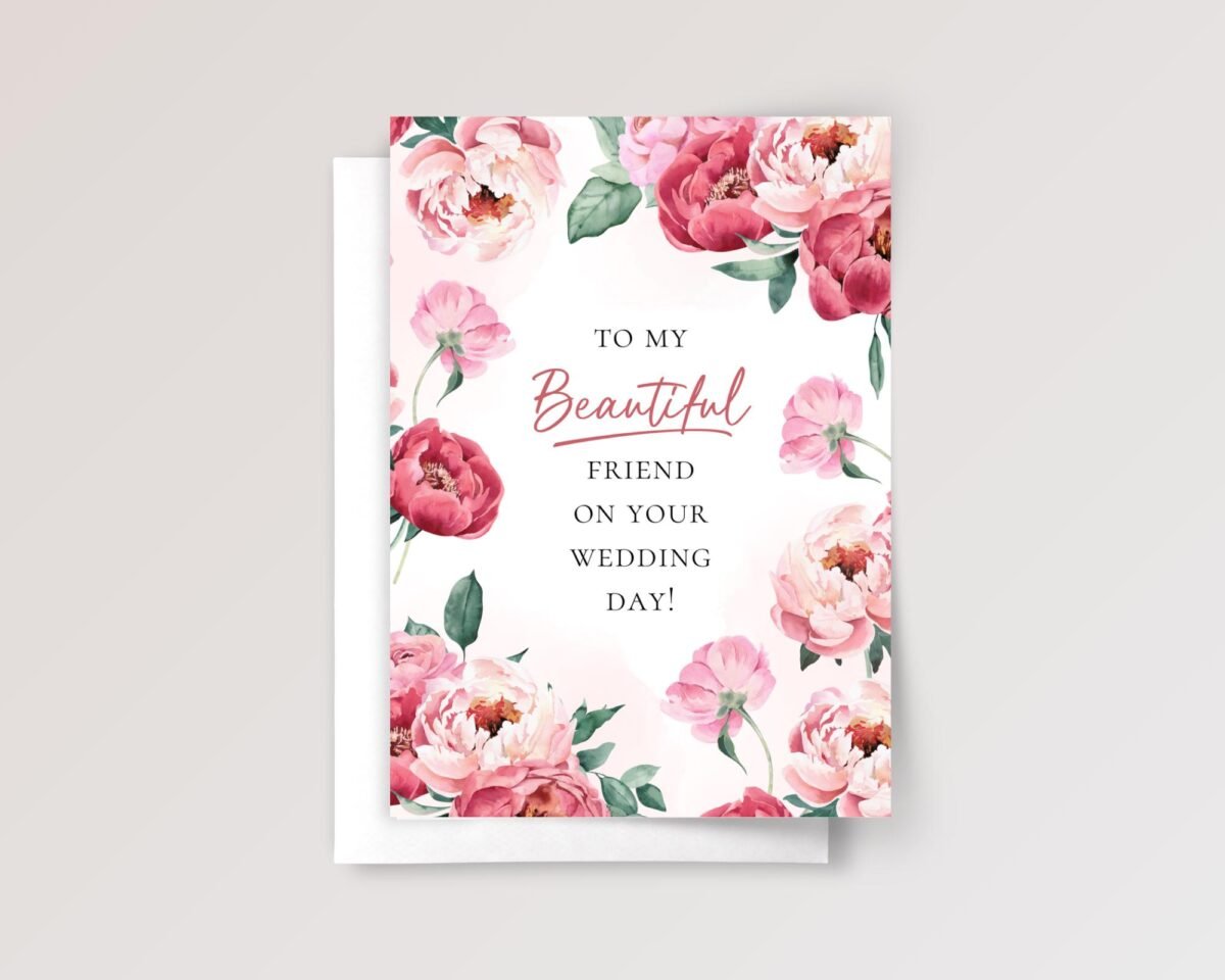 Floral Wedding Card for Friend with Pink Peonies
