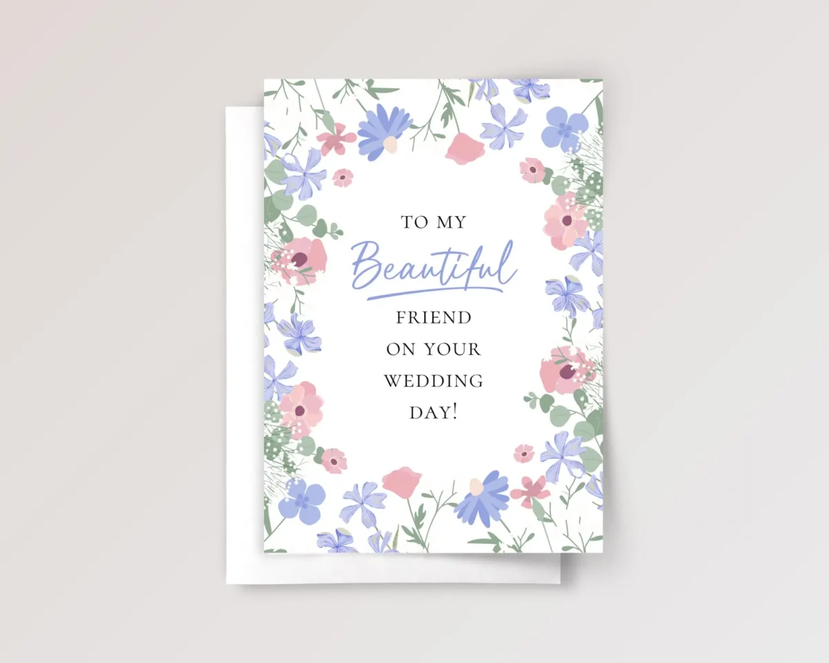 Wedding Card for Friend with Blue & Pink Flowers