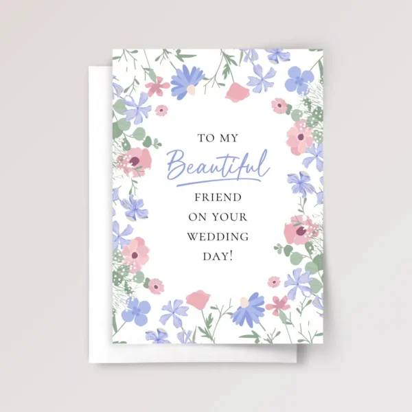 Wedding Card for Friend with Blue & Pink Flowers
