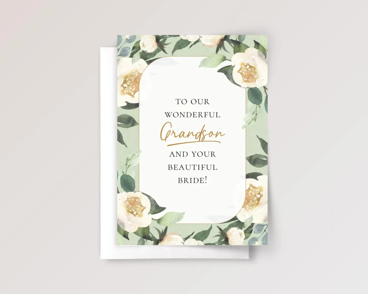 Mint Wedding Card for Grandson with White Roses - Image 1 Mint Wedding Card for Grandson with White Roses