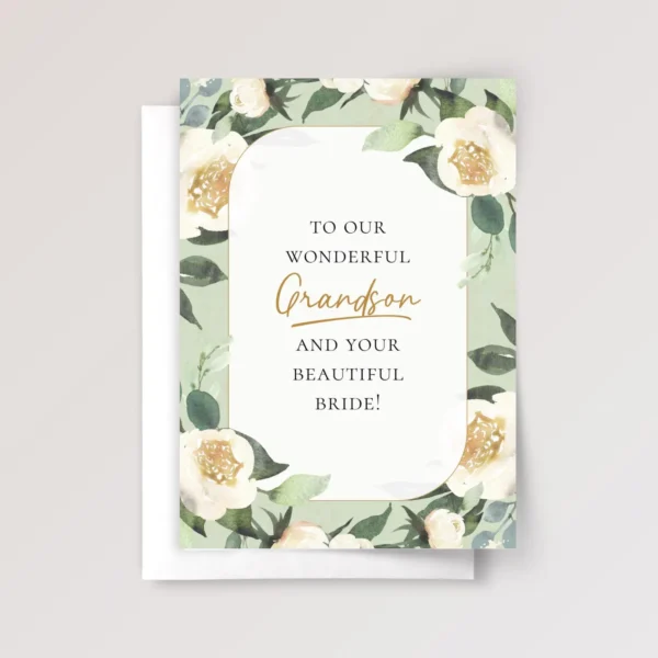 Mint Wedding Card for Grandson with White Roses