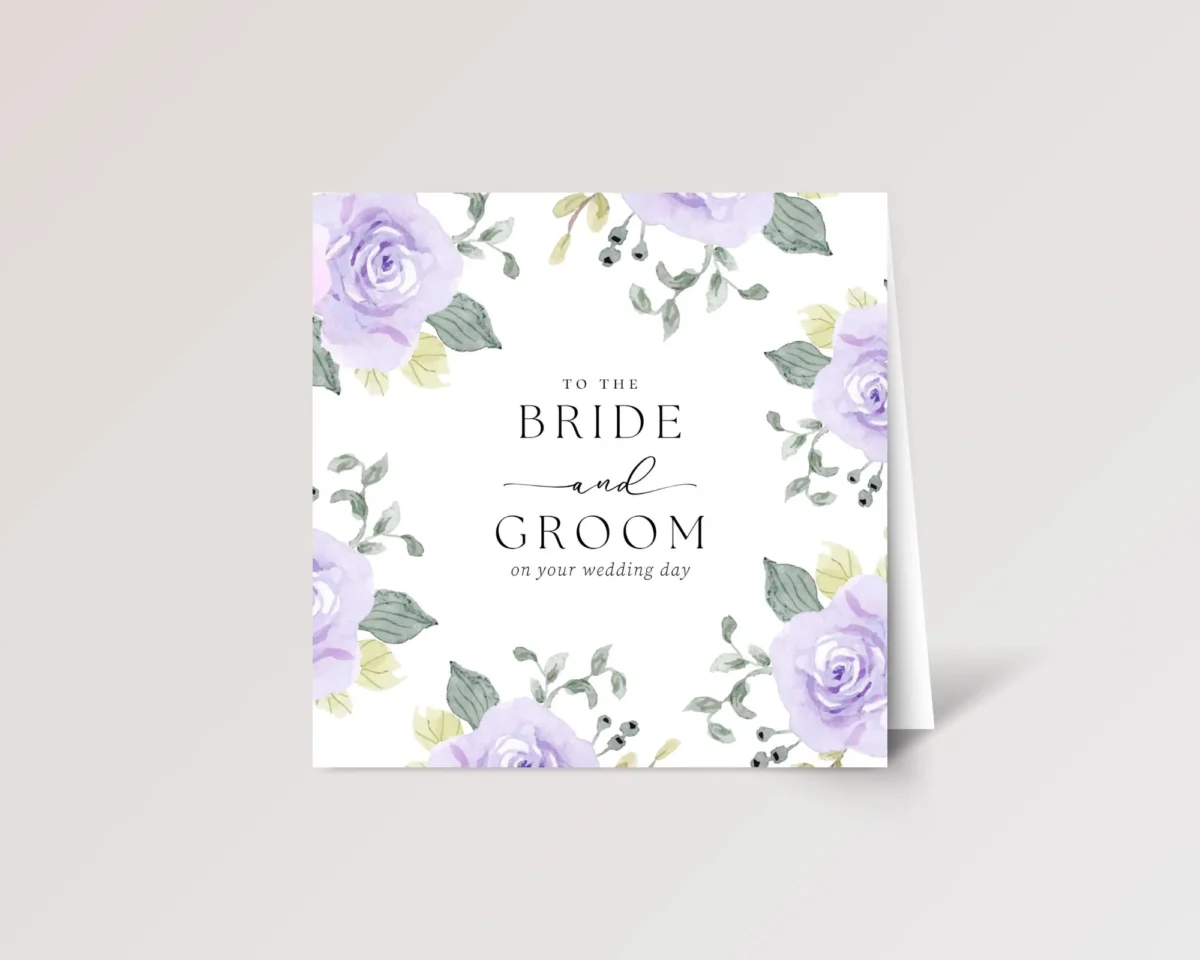 Floral Wedding Card for Bride and Groom with Purple Roses - Image 1 Floral Wedding Card for Bride and Groom with Purple Roses