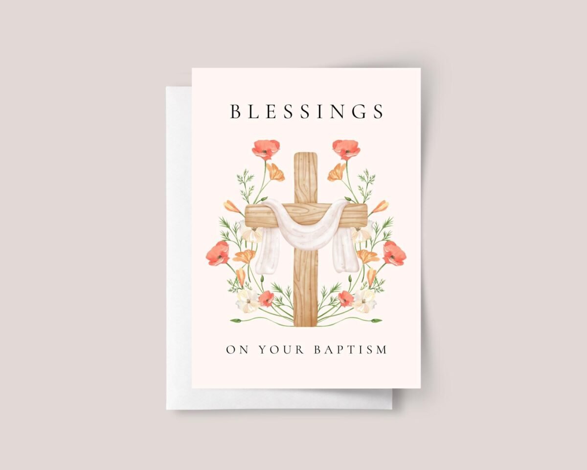 Personalized Baptism Card for Daughter/Granddaughter with Cross and Orange Flowers
