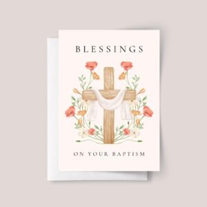 Personalized Baptism Card for Daughter/Granddaughter with Cross and Orange Flowers
