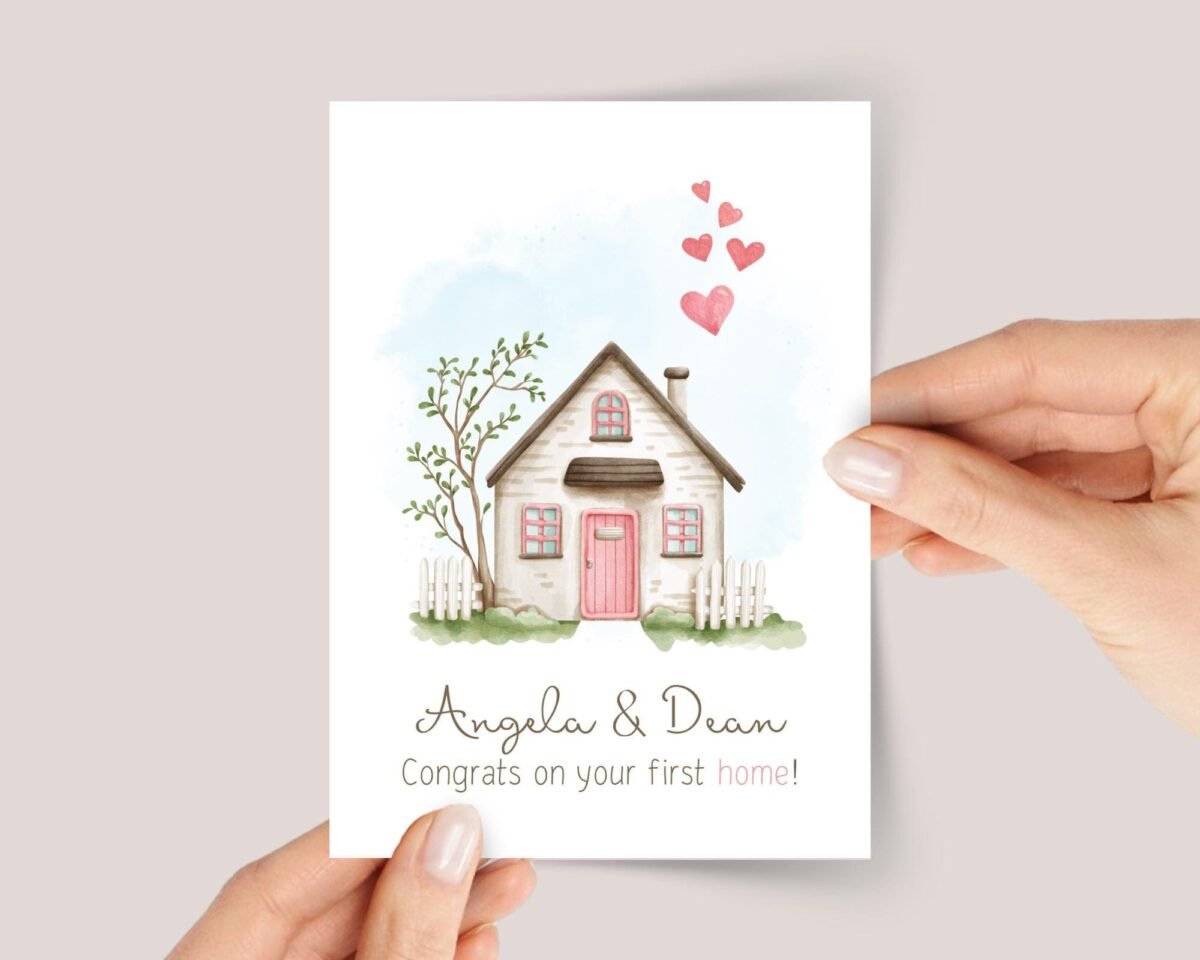 Personalized Housewarming Card for New Homeowners with Pink Cottage