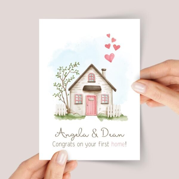 Personalized Housewarming Card for New Homeowners with Pink Cottage - Image 1 Personalized Housewarming Card for New Homeowners with Pink Cottage