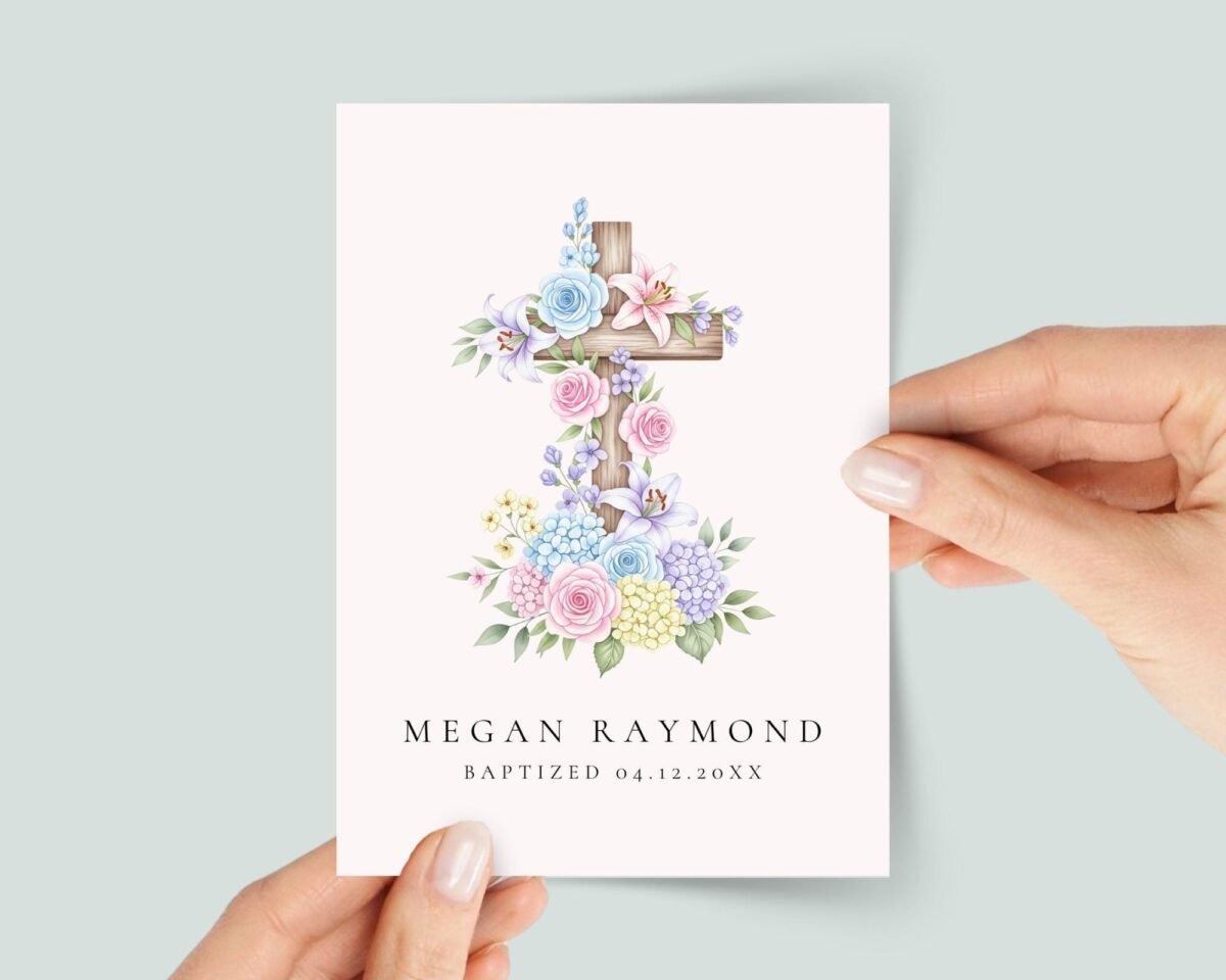 Personalized Baptism Card for Daughter/Granddaughter with Cross and Flowers - Image 1 Personalized Baptism Card for Daughter/Granddaughter with Cross and Flowers