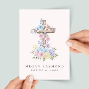 Personalized Baptism Card for Daughter/Granddaughter with Cross and Flowers