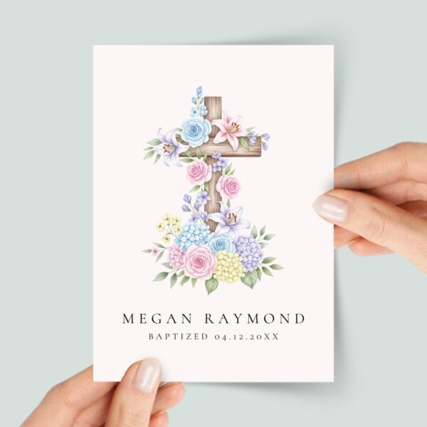 Personalized Baptism Card for Daughter/Granddaughter with Cross and Flowers