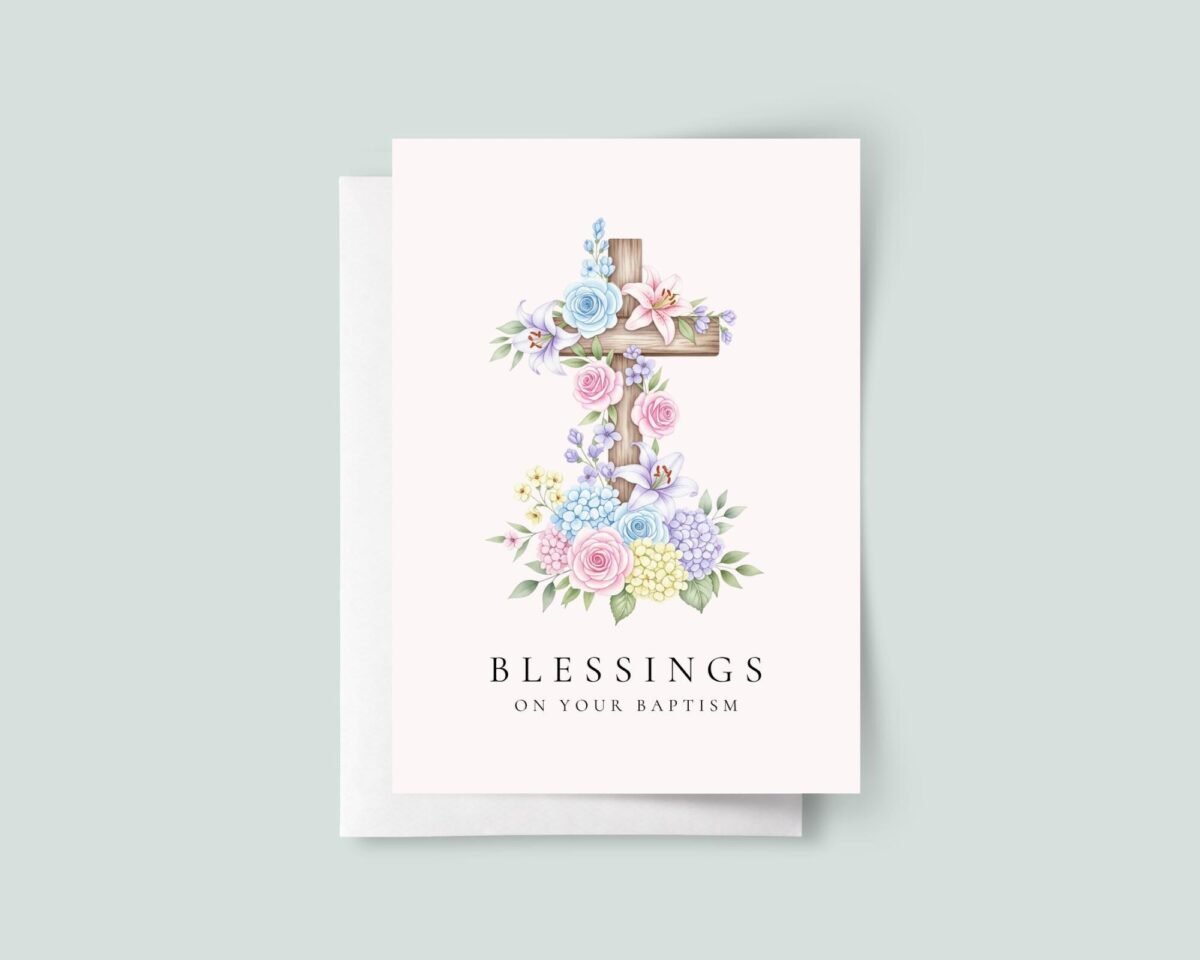 Personalized Baptism Card for Daughter/Granddaughter with Cross and Flowers