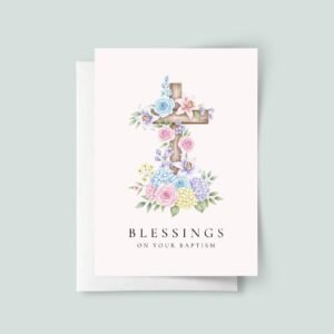 Personalized Baptism Card for Daughter/Granddaughter with Cross and Flowers