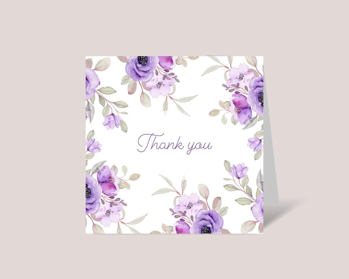 Wedding Thank You Card Pack of 5, 10, 15, or 20 | Purple Roses - Image 1 Wedding Thank You Card Pack of 5, 10, 15, or 20 | Purple Roses