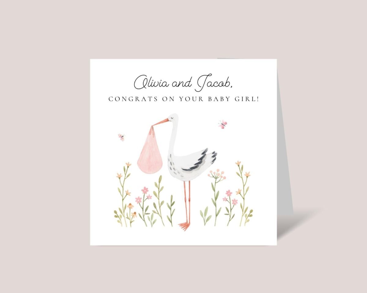 Personalized Baby Shower Card for New Mom & Dad, Baby Girl, Pink Stork