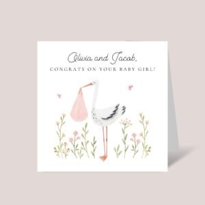 Personalized Baby Shower Card for New Mom & Dad, Baby Girl, Pink Stork