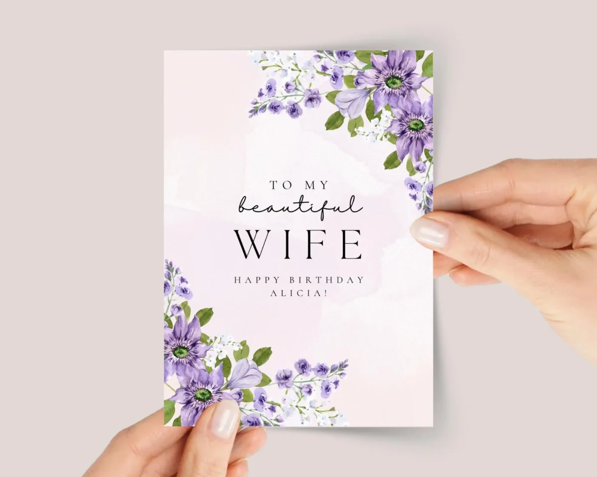 Personalized Birthday Card for Wife with Purple Roses