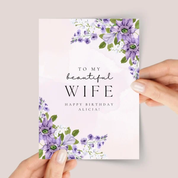 Personalized Birthday Card for Wife with Purple Roses - Image 1 Personalized Birthday Card for Wife with Purple Roses