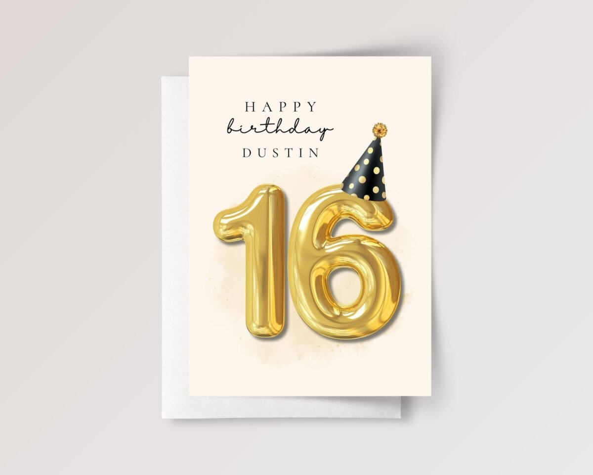 Personalized 16th Birthday Card For Teen with Pink and Gold Number Balloons