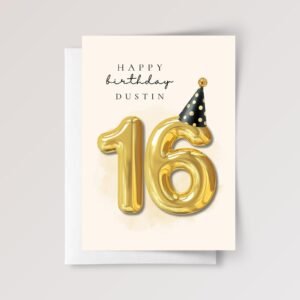 Personalized 16th Birthday Card For Teen with Pink and Gold Number Balloons