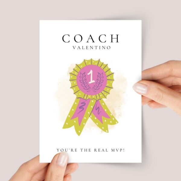 Personalized Thank You Card for Coach with Pink Medal - Image 1 Personalized Thank You Card for Coach with Pink Medal