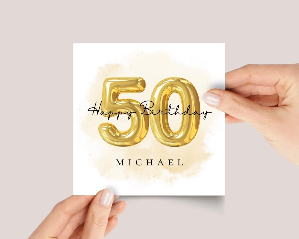 50th Birthday Card with Rose Gold Balloons