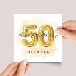 50th Birthday Card with Rose Gold Balloons
