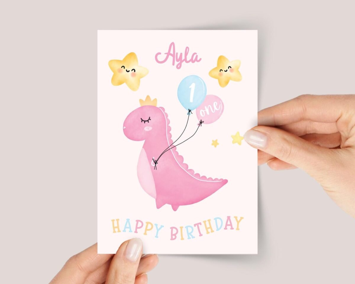 First Birthday Card with Pink Dinosaur for Baby Girl Turning One